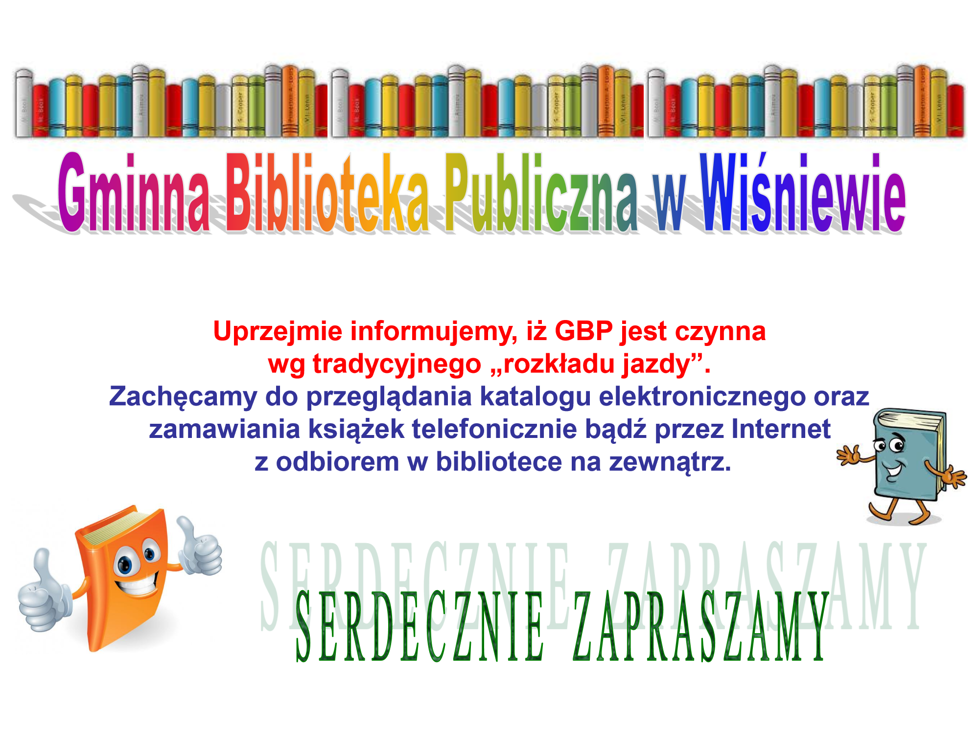 Ogłoszenie, na górze półka z książkami, po lewej i prawej stronie wizerunki graficzne książek