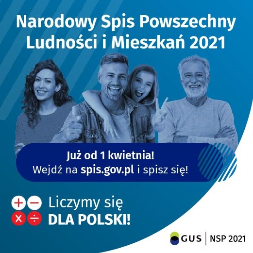 Plakat reklamujący Narodowy Spis Powszechny. Niebieskie tło a na nim ludzie w różnym wieku.