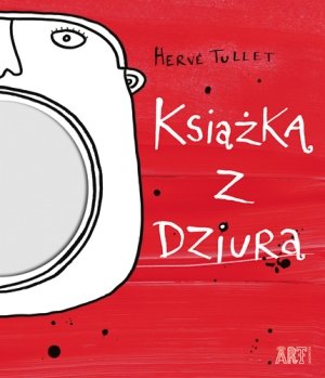 czerwona okładka z graficzną twarzą. Po lewej stronie dziura.