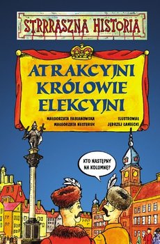 Dwaj sarmaci rozmawiaja na tle Zamku Królewskiego. Grafika rysunkowa.