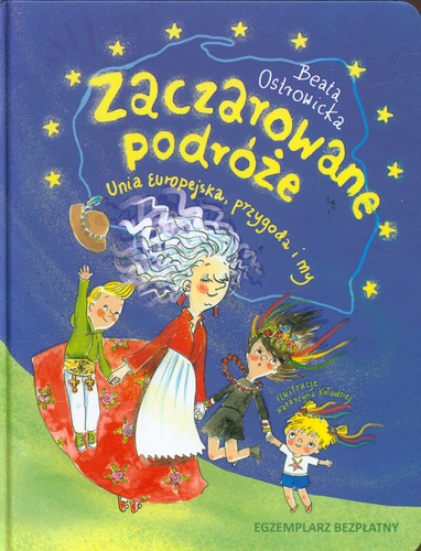 Na zielono-granatowym tle widnieje rysunkowa kobieta z trojgiem dzieci.